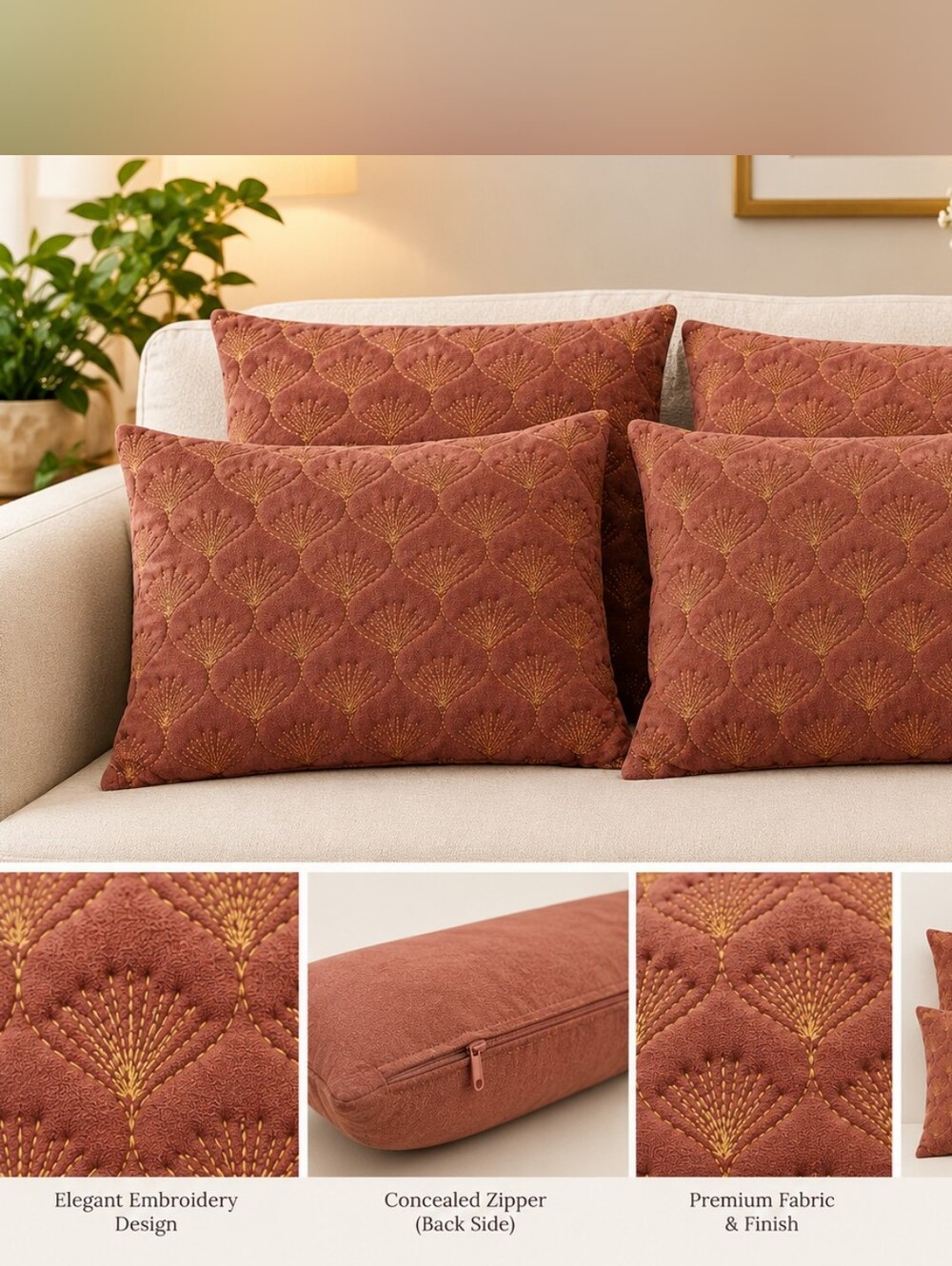 Embroidered Quilted Pillowcases/Cushion Covers in Dusty Rose with Gold Stitching